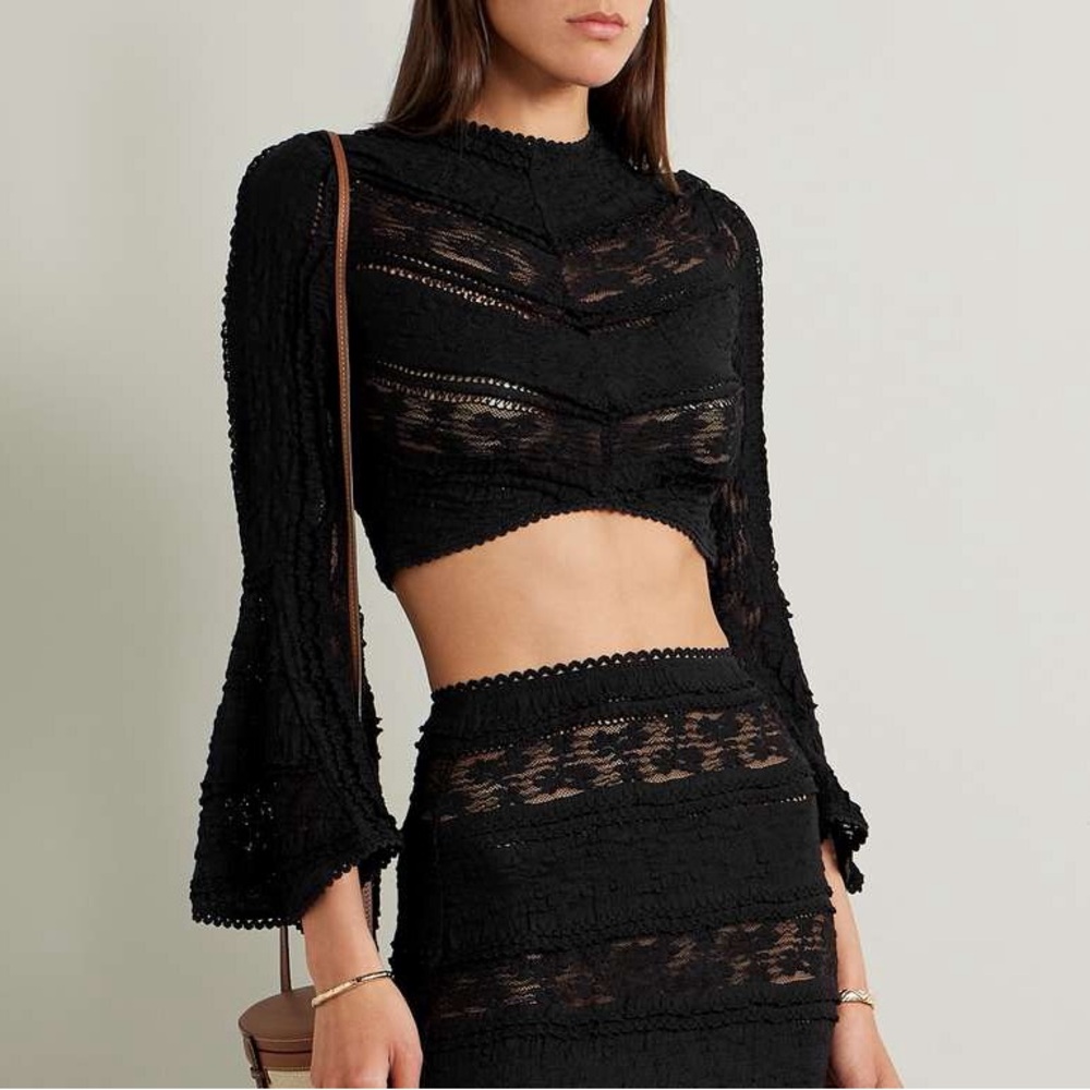 Charo Ruiz Black Cropped Lace Top with Flared Sleeves